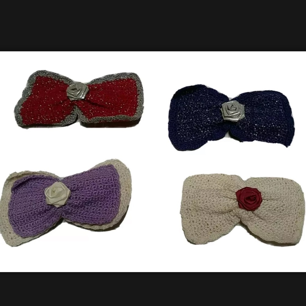 Vintage Hair Bows Clip On Crochet Kidcore Cottagecore Rosette Sparkly Floral 4
